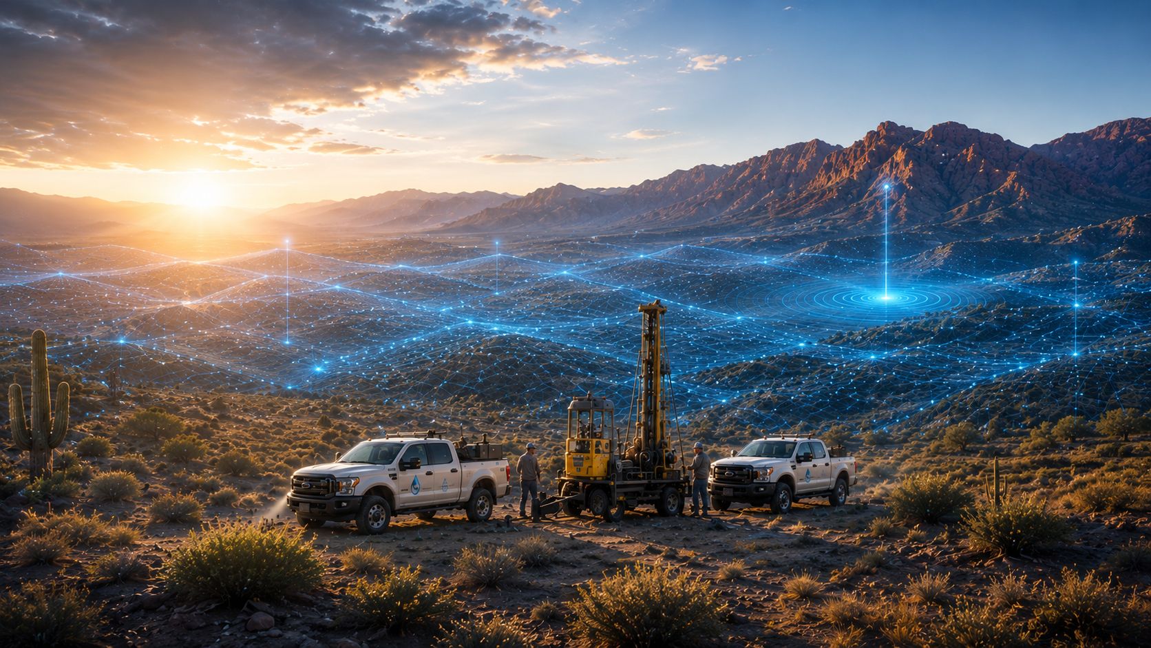 A Water Strike crew at sunset on a Southwest desert ridge, a drilling rig flanked by two branded service trucks and a technician, with saguaro cacti and mountains behind and a glowing blue subsurface data-network mapping groundwater across the hills.