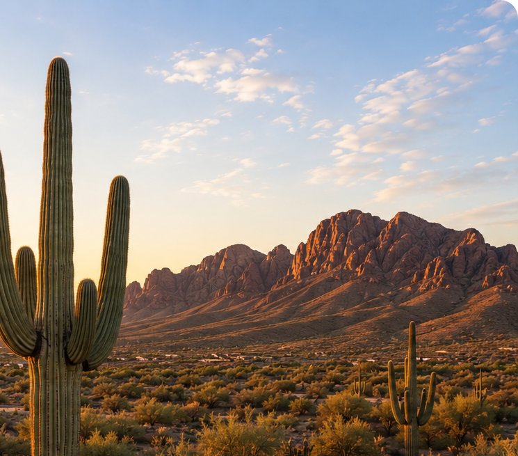 Sun setting over the Southwest desert with mountains and saguaro cactus