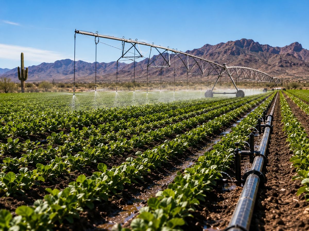 Center-pivot irrigation watering crop rows on a Southwest farm