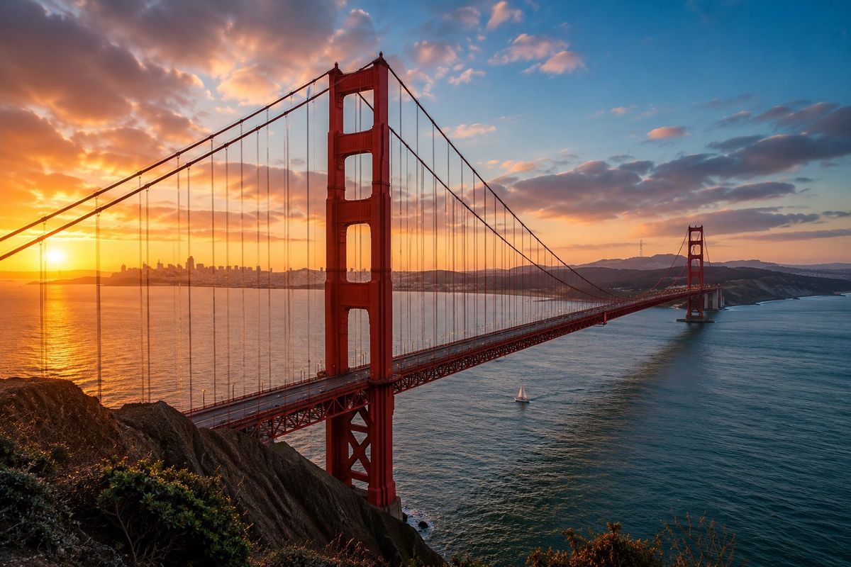 Golden Gate Bridge at sunset over San Francisco Bay