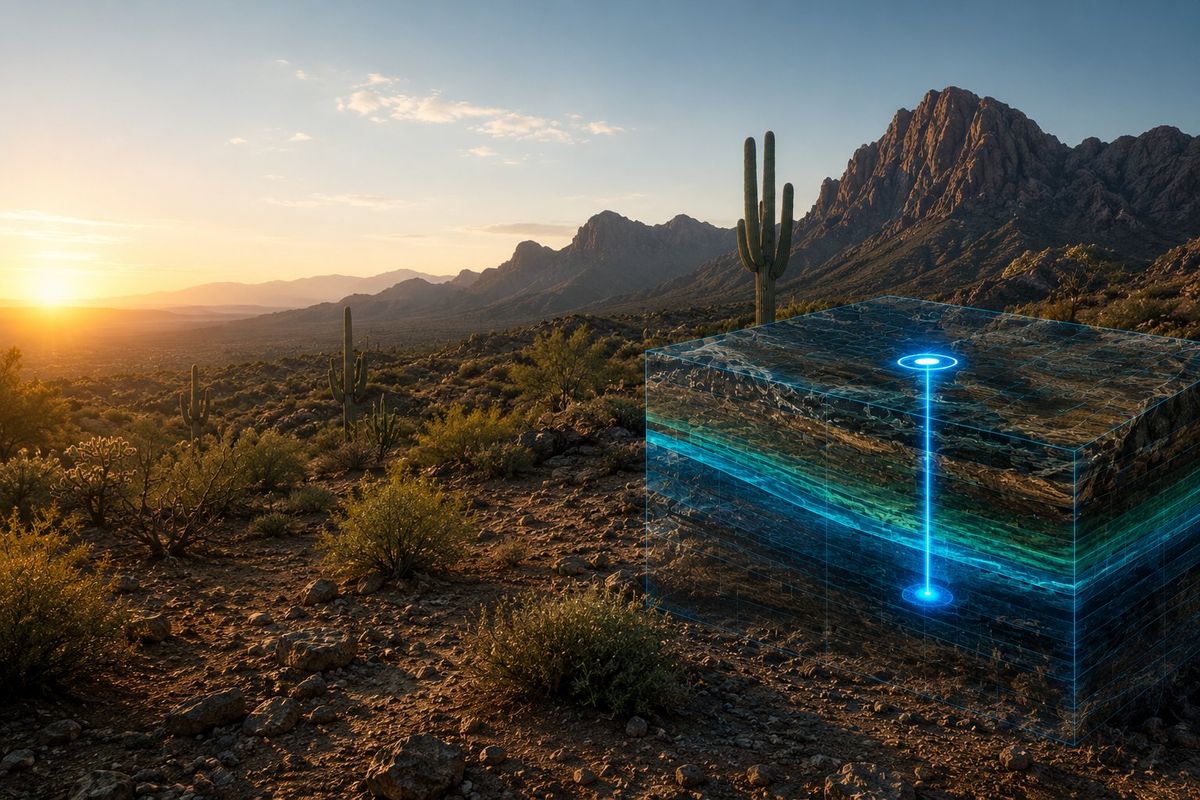 Southwest desert at sunset with a glowing 3D subsurface aquifer visualization marking a groundwater target