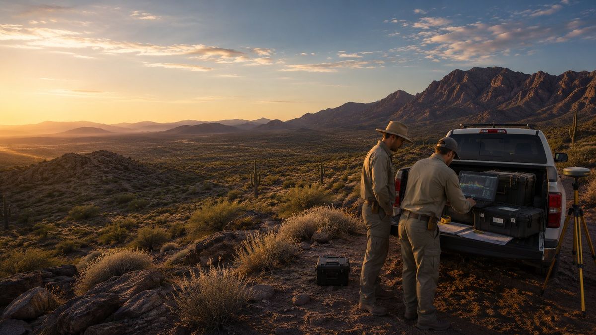 Water Strike field crew with a service truck and equipment overlooking the Southwest desert at sunset