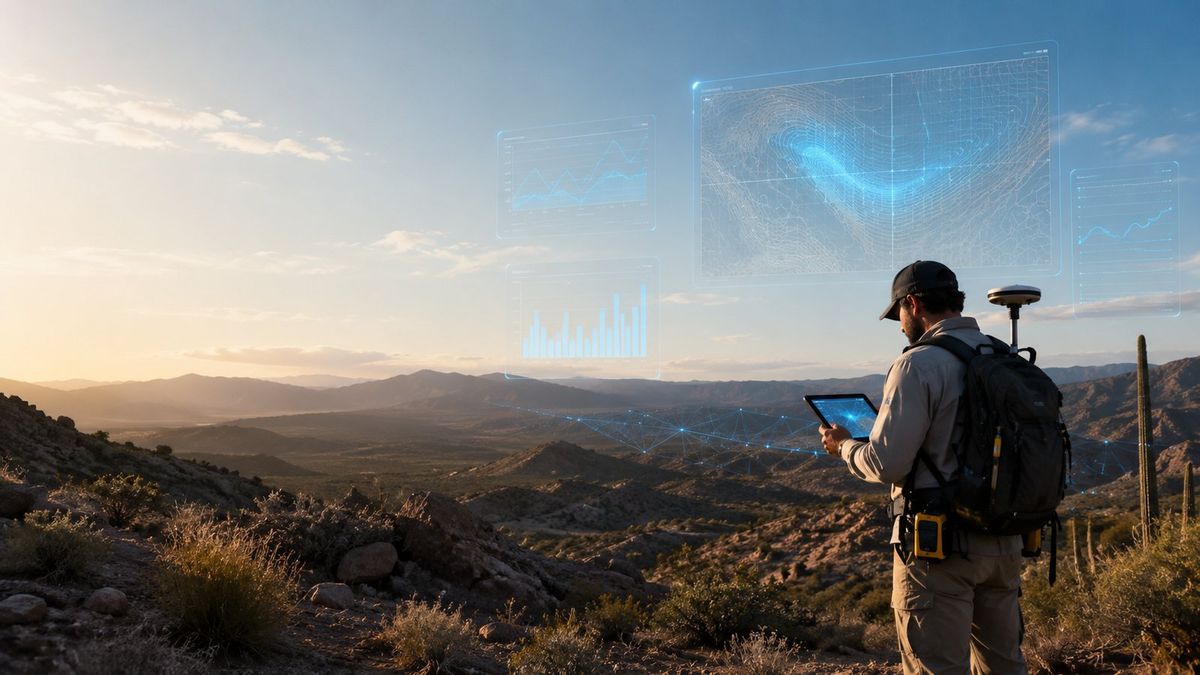 Field technician reviewing holographic groundwater data charts on a tablet over the Southwest desert