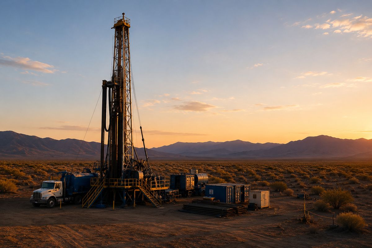 Water well drilling rig operating in the desert at sunset
