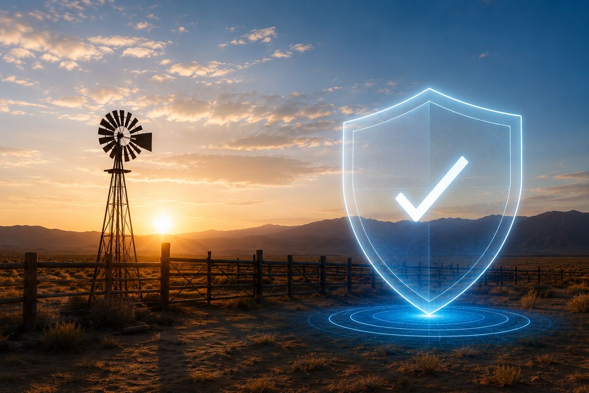 Windmill at sunrise with a glowing verification shield over a ranch