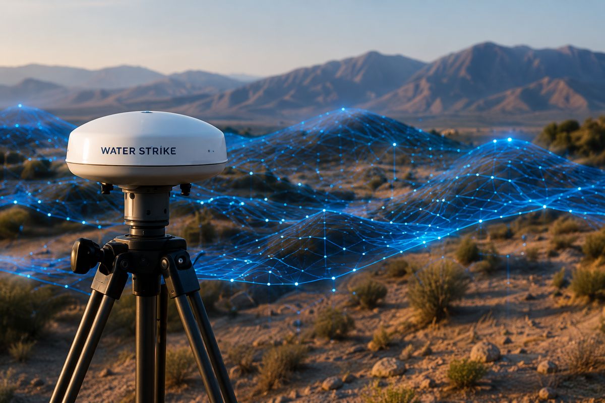 Water Strike GPS survey unit mapping the desert with a data mesh overlay