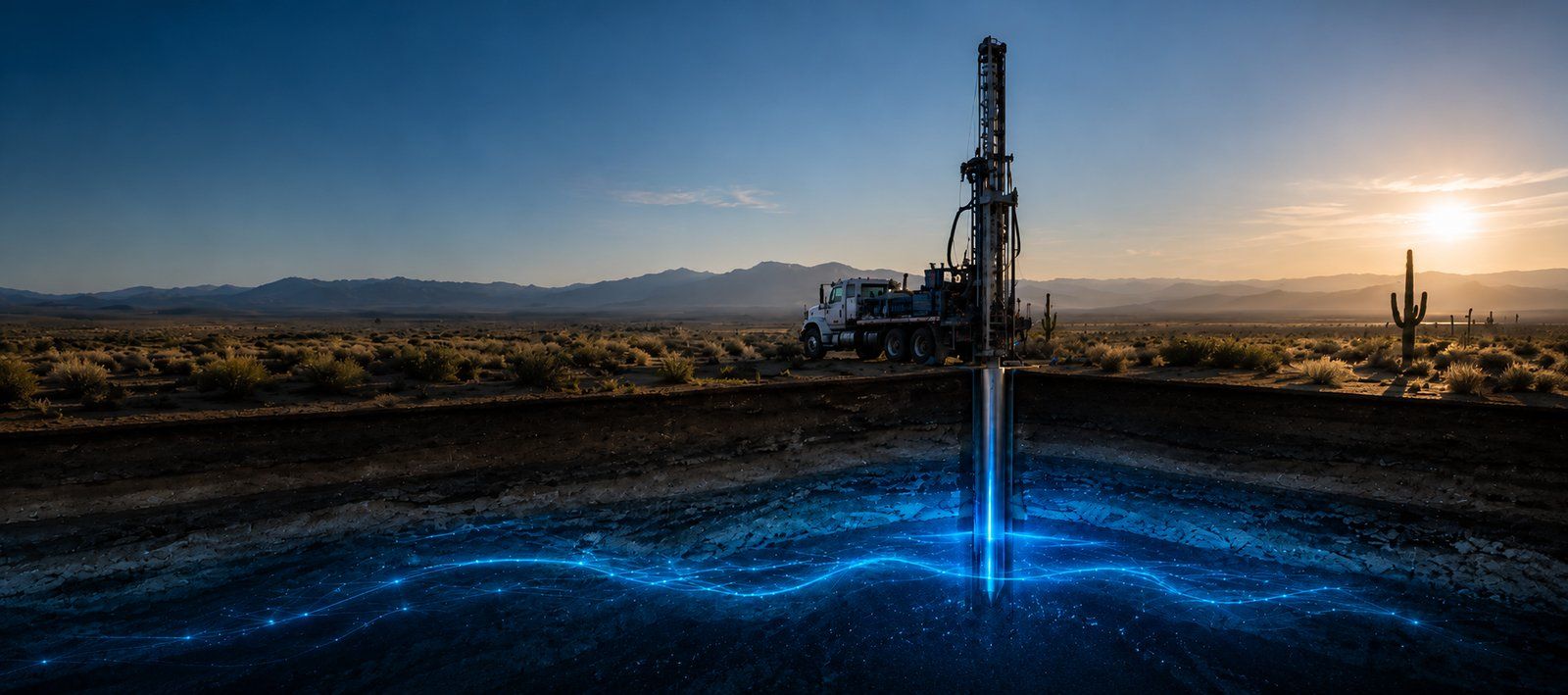 Water Strike drilling rig at sunset in the Southwest desert above a glowing blue subsurface aquifer