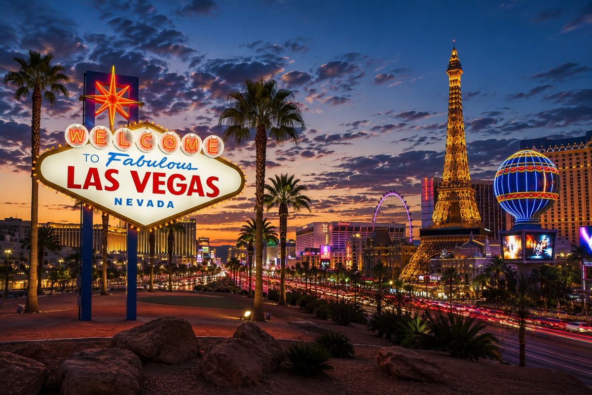 Welcome to Fabulous Las Vegas, Nevada sign with the Strip at dusk