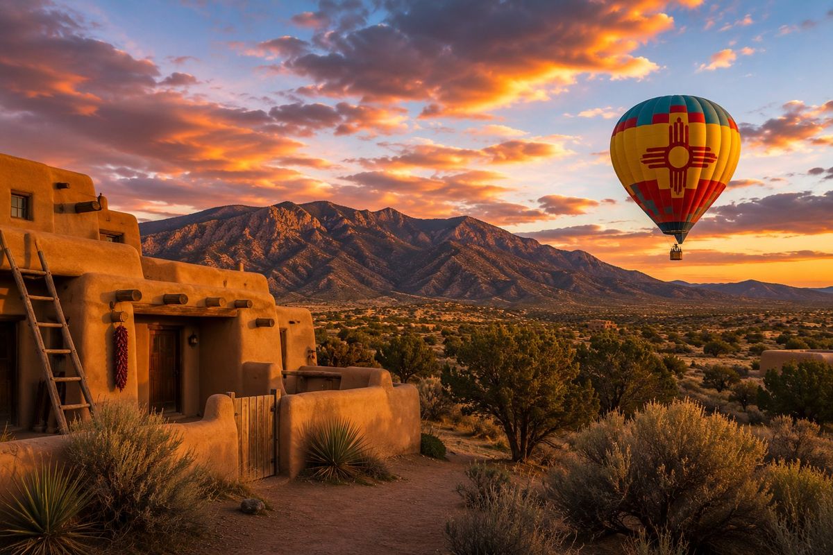 New Mexico adobe pueblo with a Zia hot-air balloon over the mountains at sunset