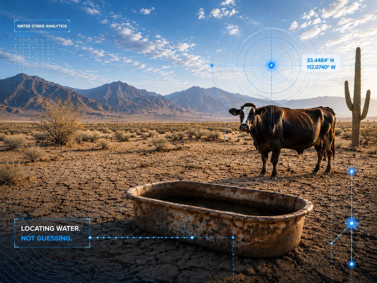 A lone cow stands by a dry, cracked water trough in the Southwest desert, overlaid with Water Strike groundwater-locating analytics markers reading 'Locating water. Not guessing.'