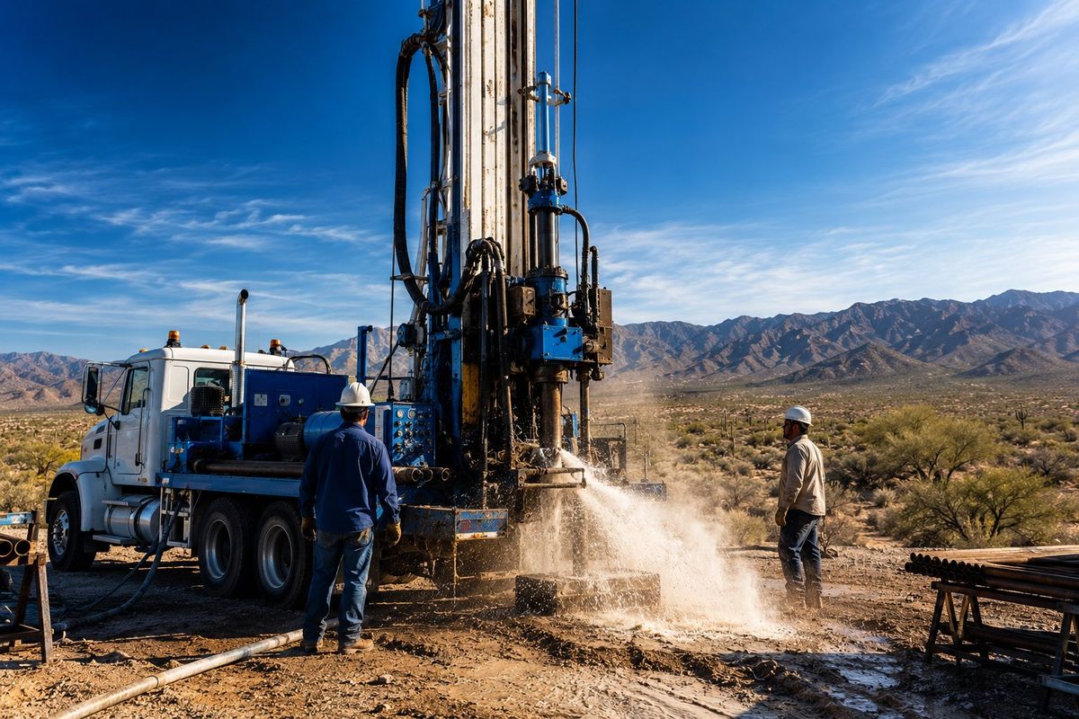 Vetted drilling rig boring a confirmed water target on a desert site