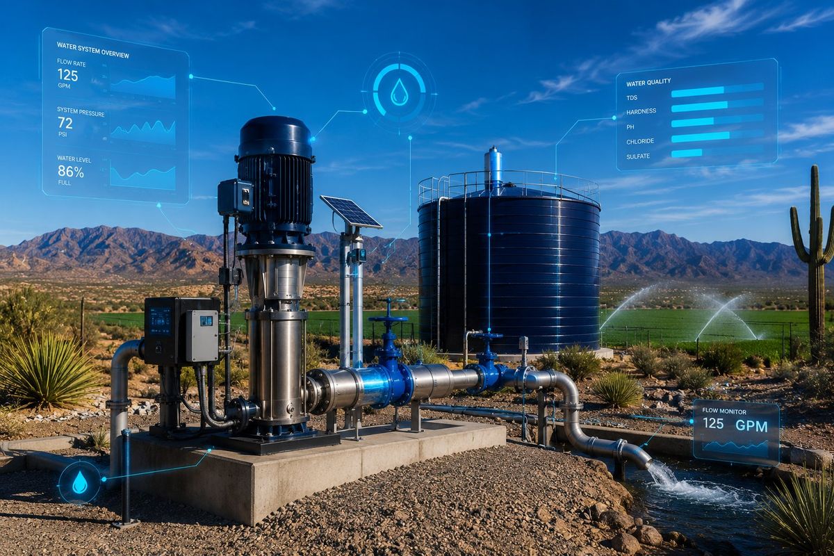 Pump, storage tank, and irrigation infrastructure on a desert ranch