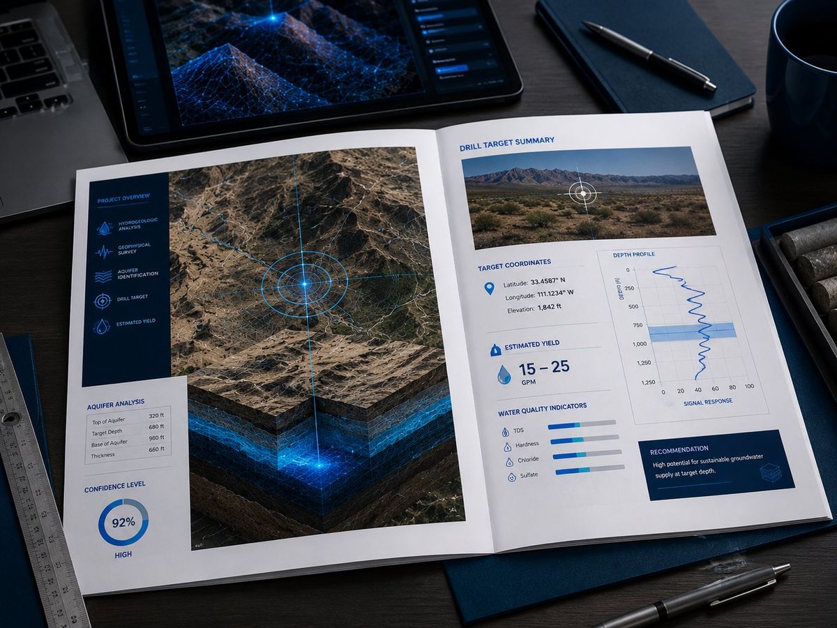 Drill-ready water location report with target coordinates and yield