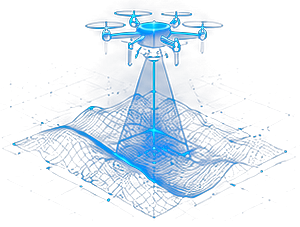 Survey drone scanning terrain with a beam, mapping the subsurface