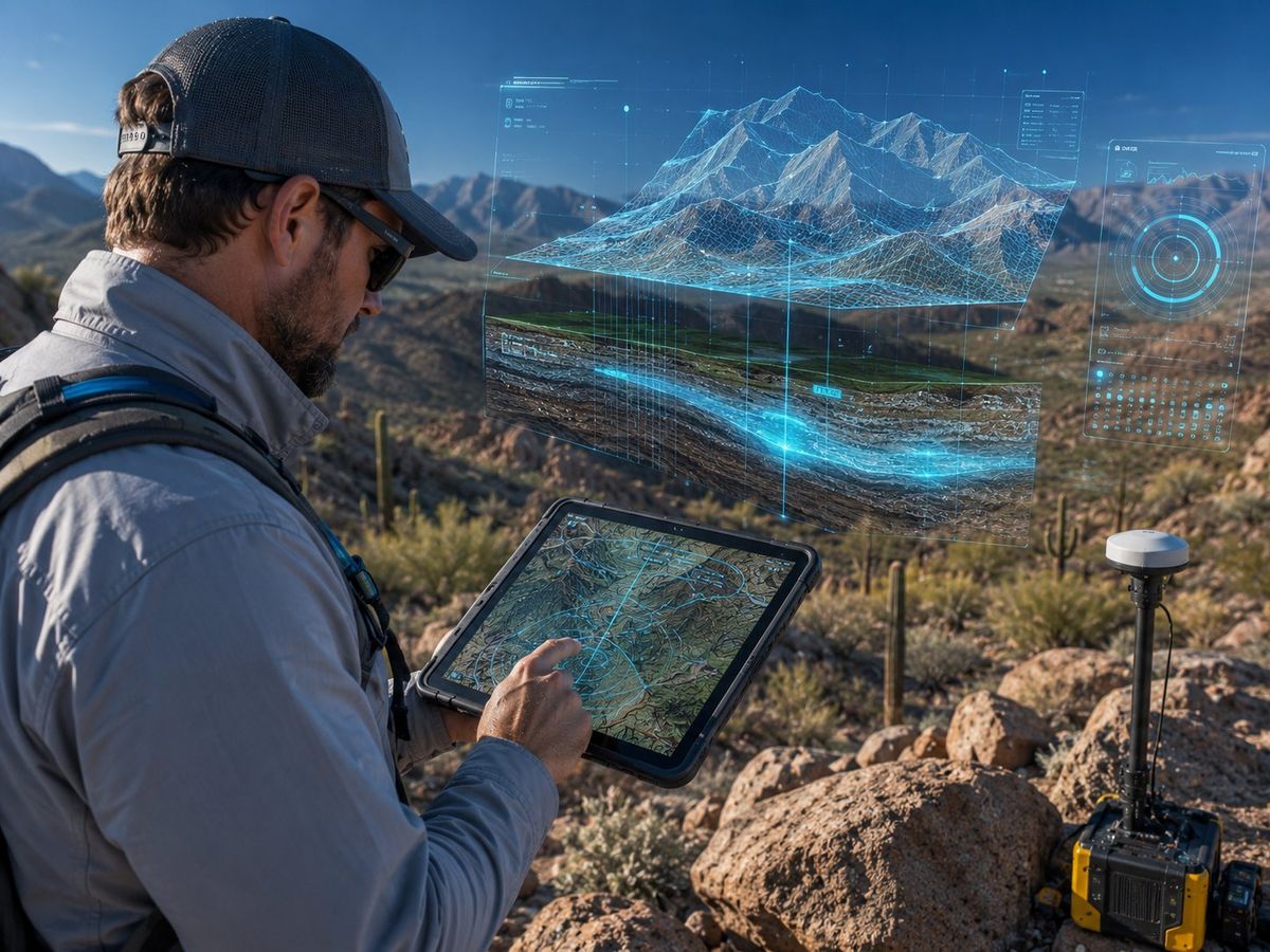 Water Strike field technician reviewing a precision groundwater survey map on a rugged tablet in the Southwest desert