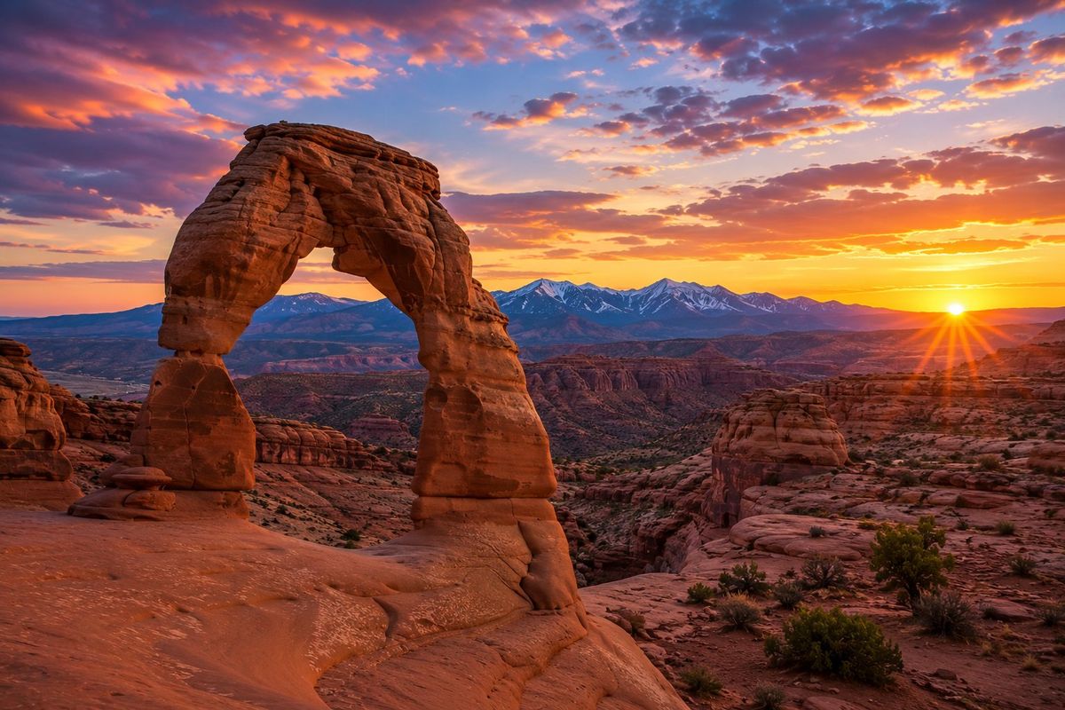 Delicate Arch in Utah at sunset with snow-capped mountains behind